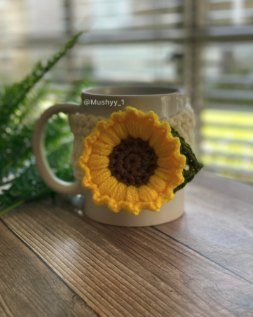 Crochet Sunflower With A Leaf Mug Cozy- -Instant PDF Download for cozy mornings!