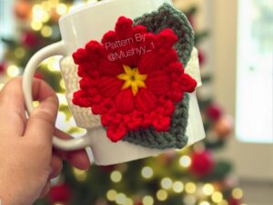 Crochet Poinsettia with Leaves Mug Cozy Pattern By Mushyy - Instant Download PDF