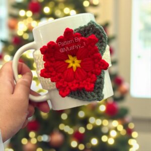 Crochet Poinsettia with Leaves Mug Cozy Pattern By Mushyy - Instant Download PDF
