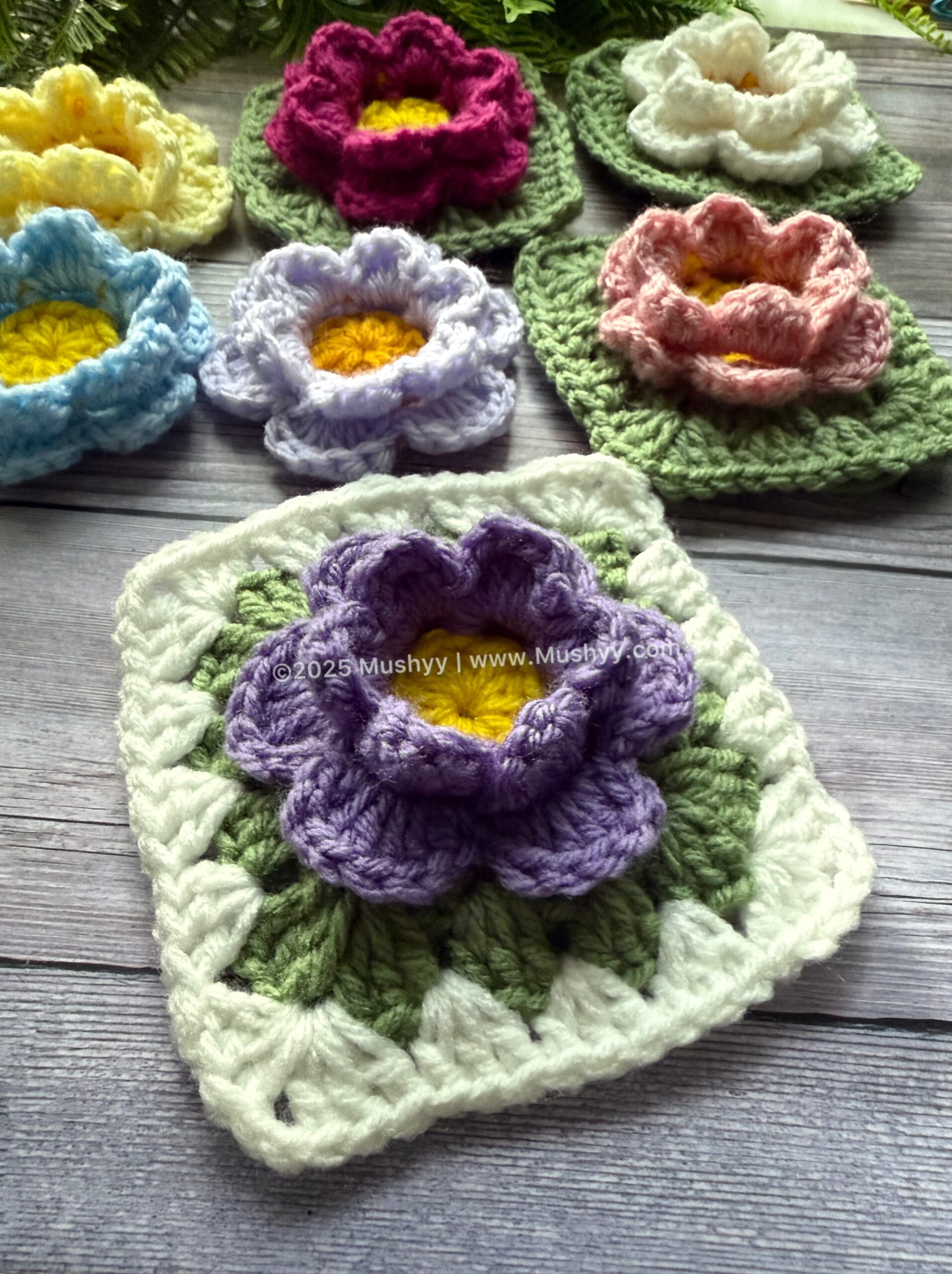 Crochet 3D Flower Granny Square Pattern By Mushyy